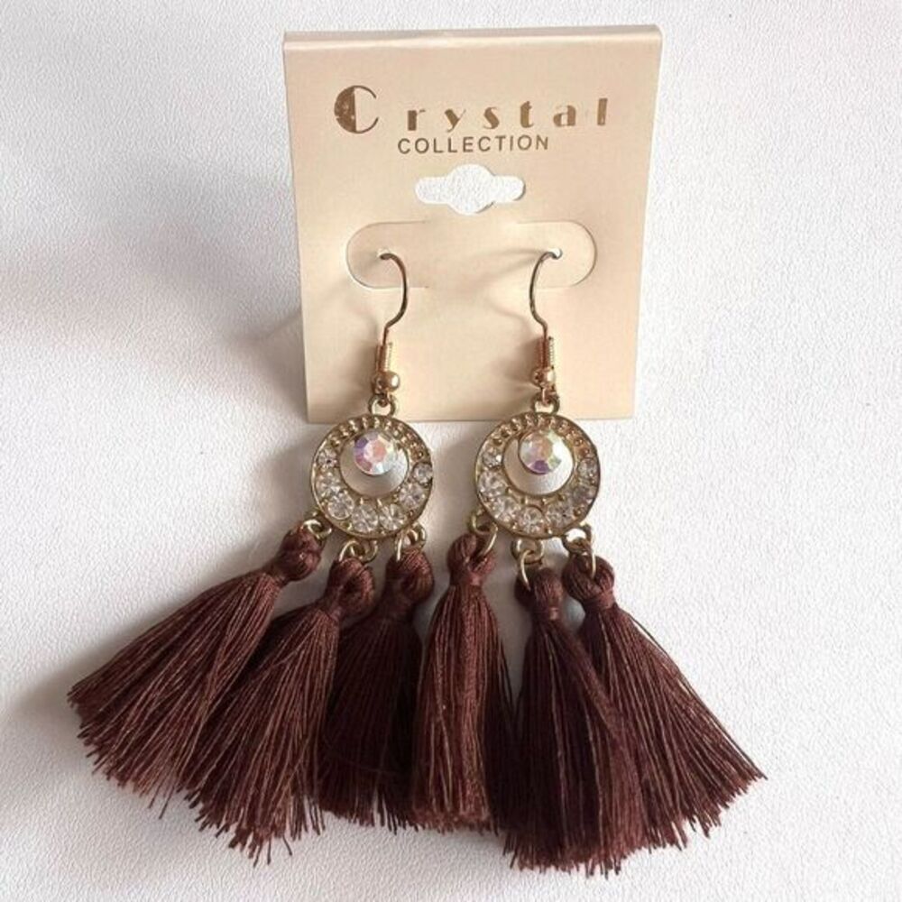 CRYSTAL COLLECTION Brown Tassel Earrings Bohemian Boho Drop Crystal Earrings - Picture 5 of 9